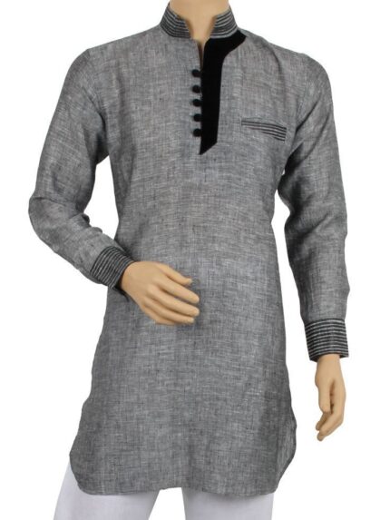 Men’s Grey Textured Kurta with Black Contrast – Elegant Semi-Formal Wear